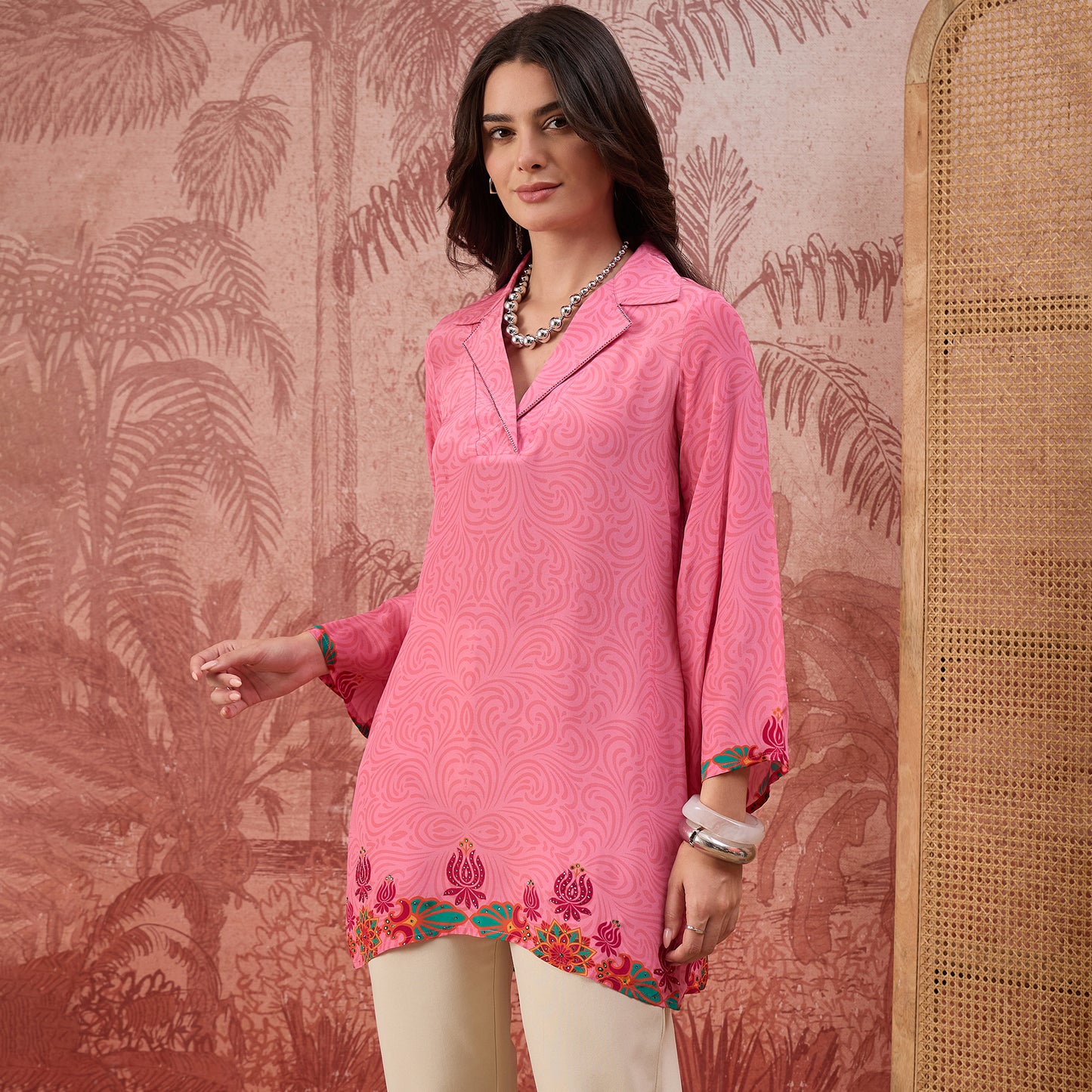 Pink Mandala Print Embellished Top