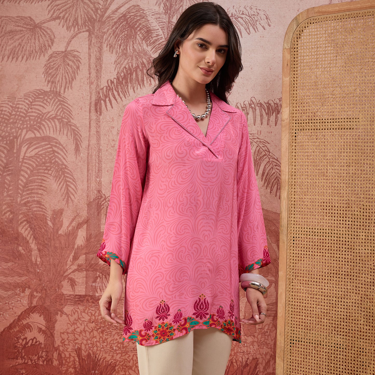 Pink Mandala Print Embellished Top