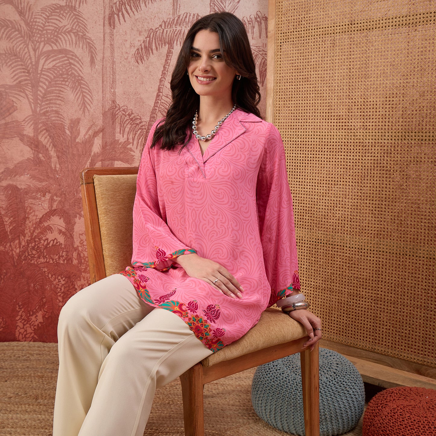 Pink Mandala Print Embellished Top
