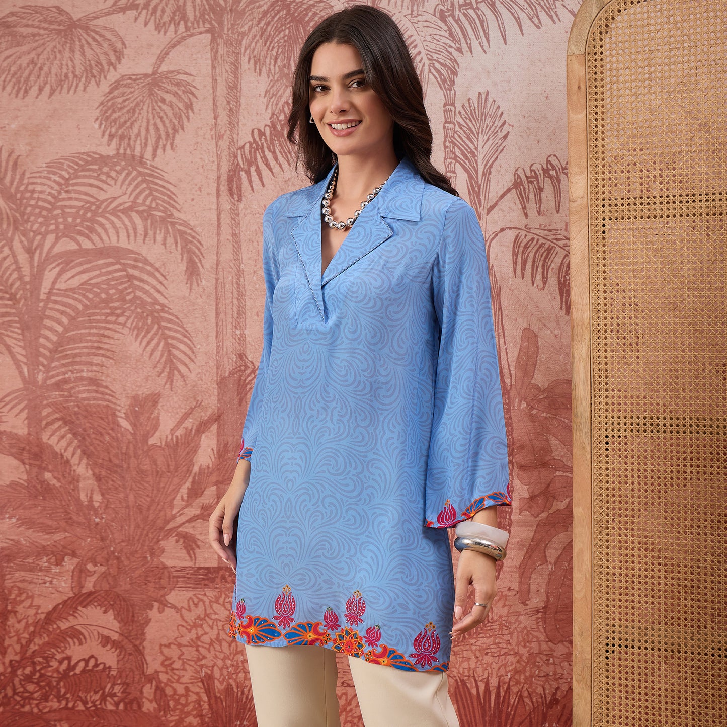 Powder Blue Mandala Print Embellished Top