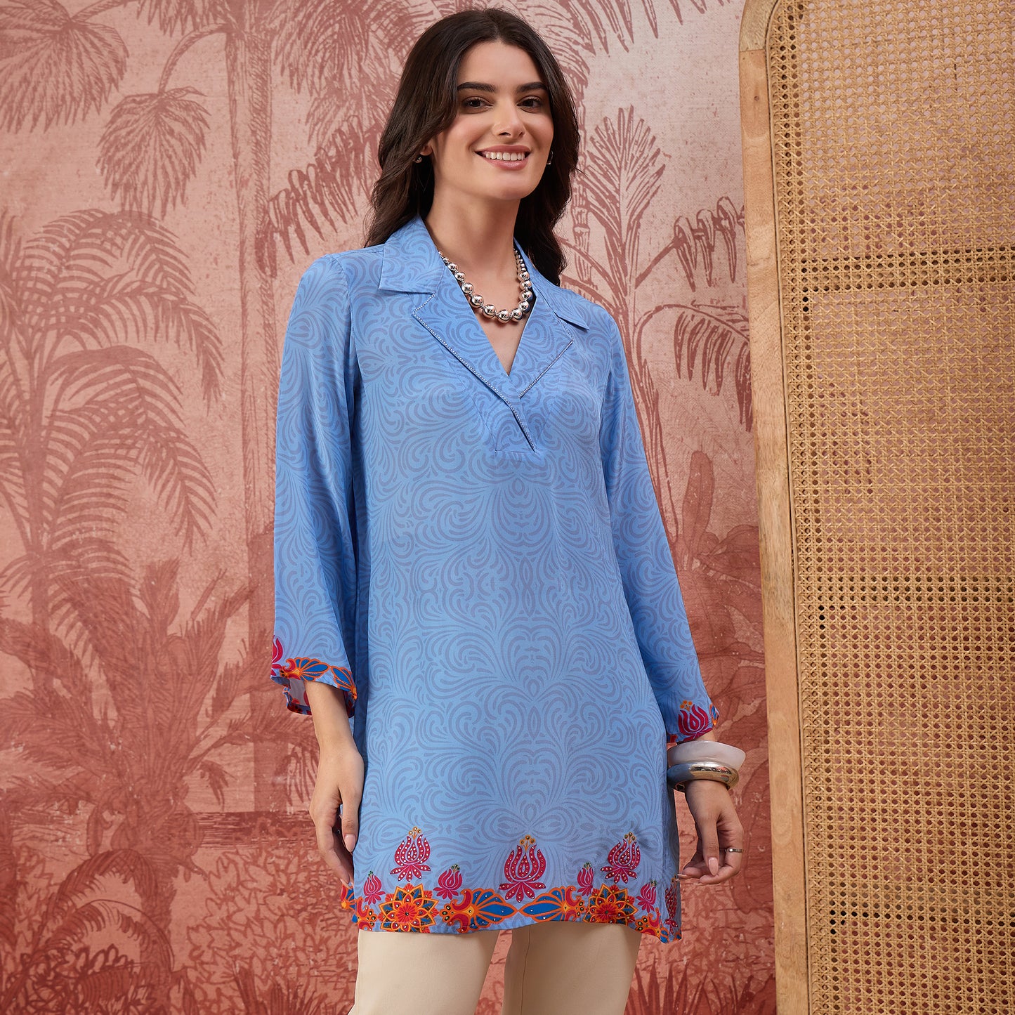 Powder Blue Mandala Print Embellished Top