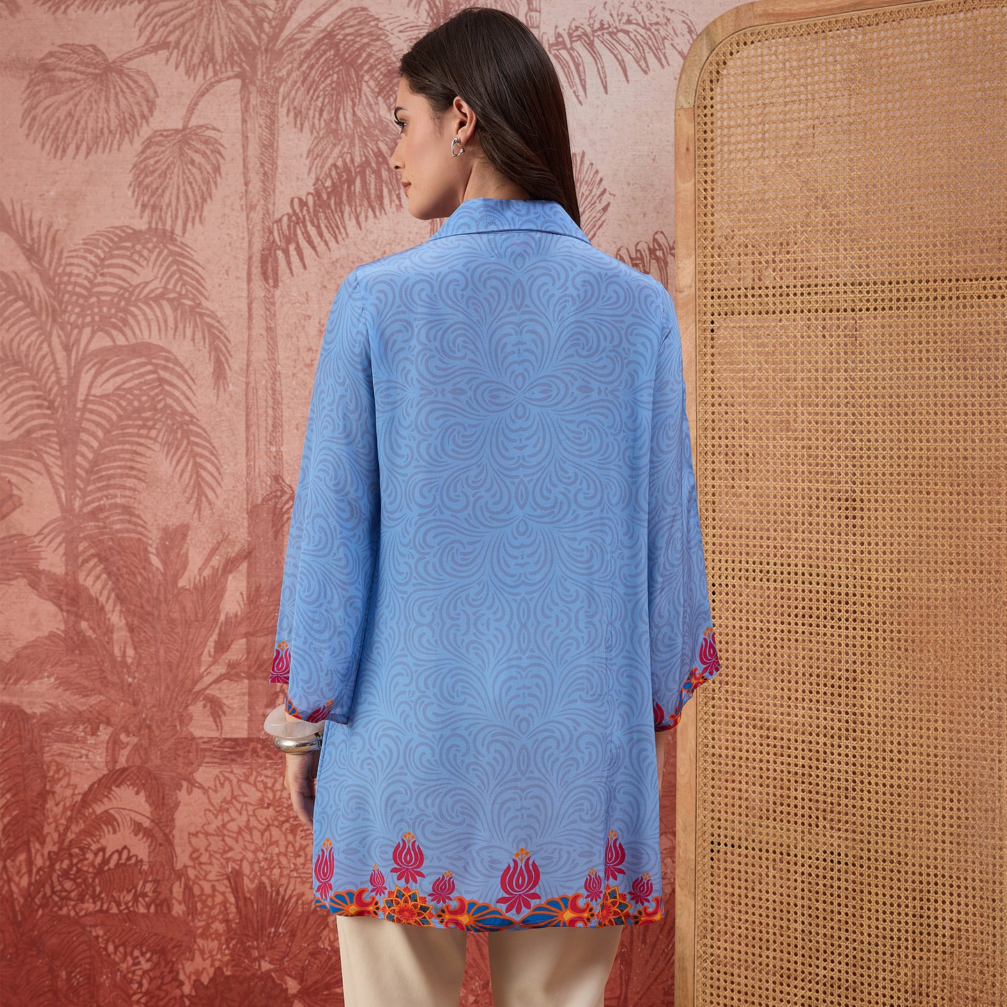 Powder Blue Mandala Print Embellished Top