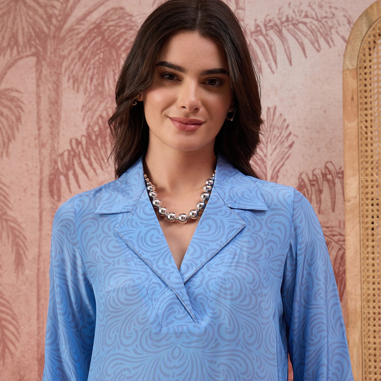 Powder Blue Mandala Print Embellished Top