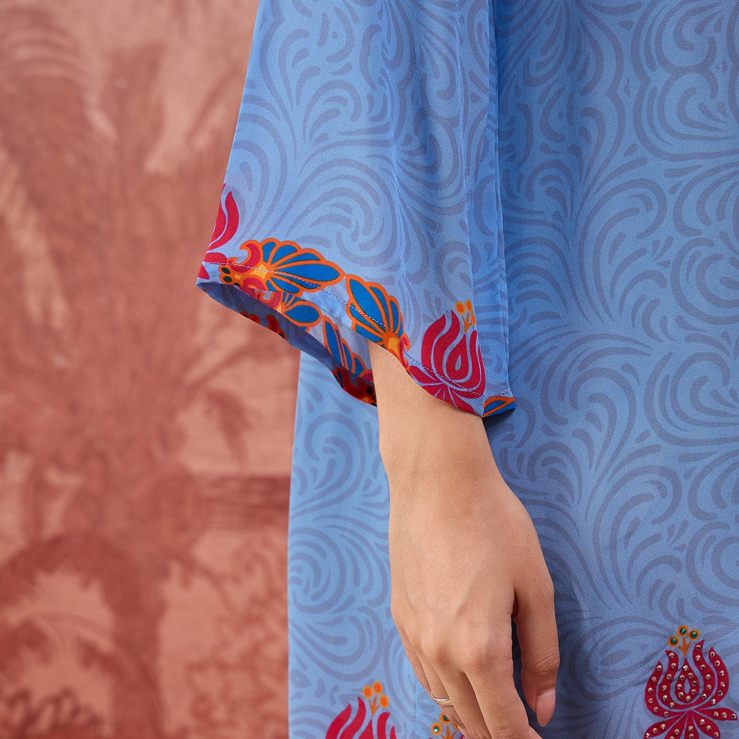 Powder Blue Mandala Print Embellished Top