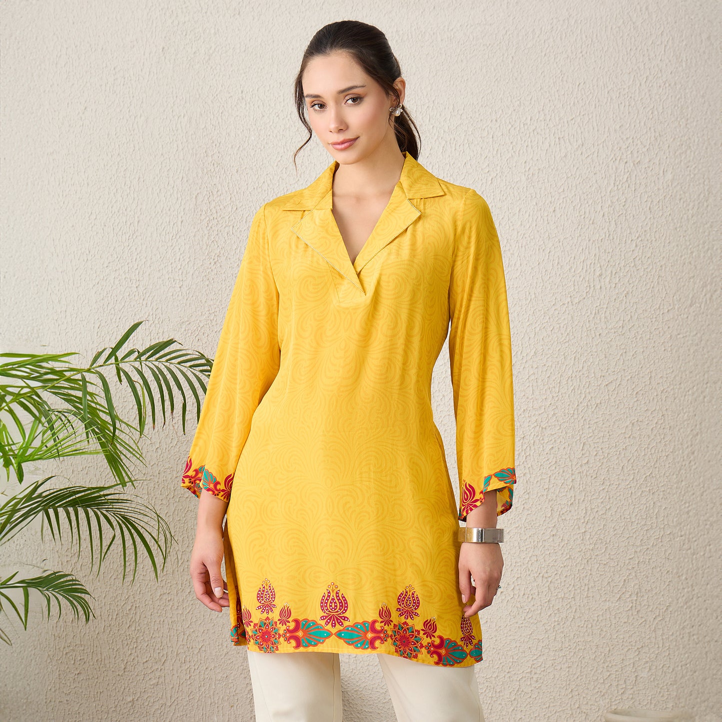 Yellow Mandala Print Embellished Top