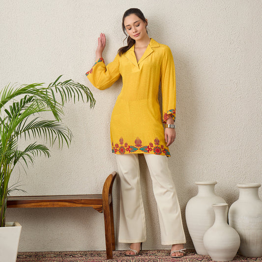 Yellow Mandala Print Embellished Top