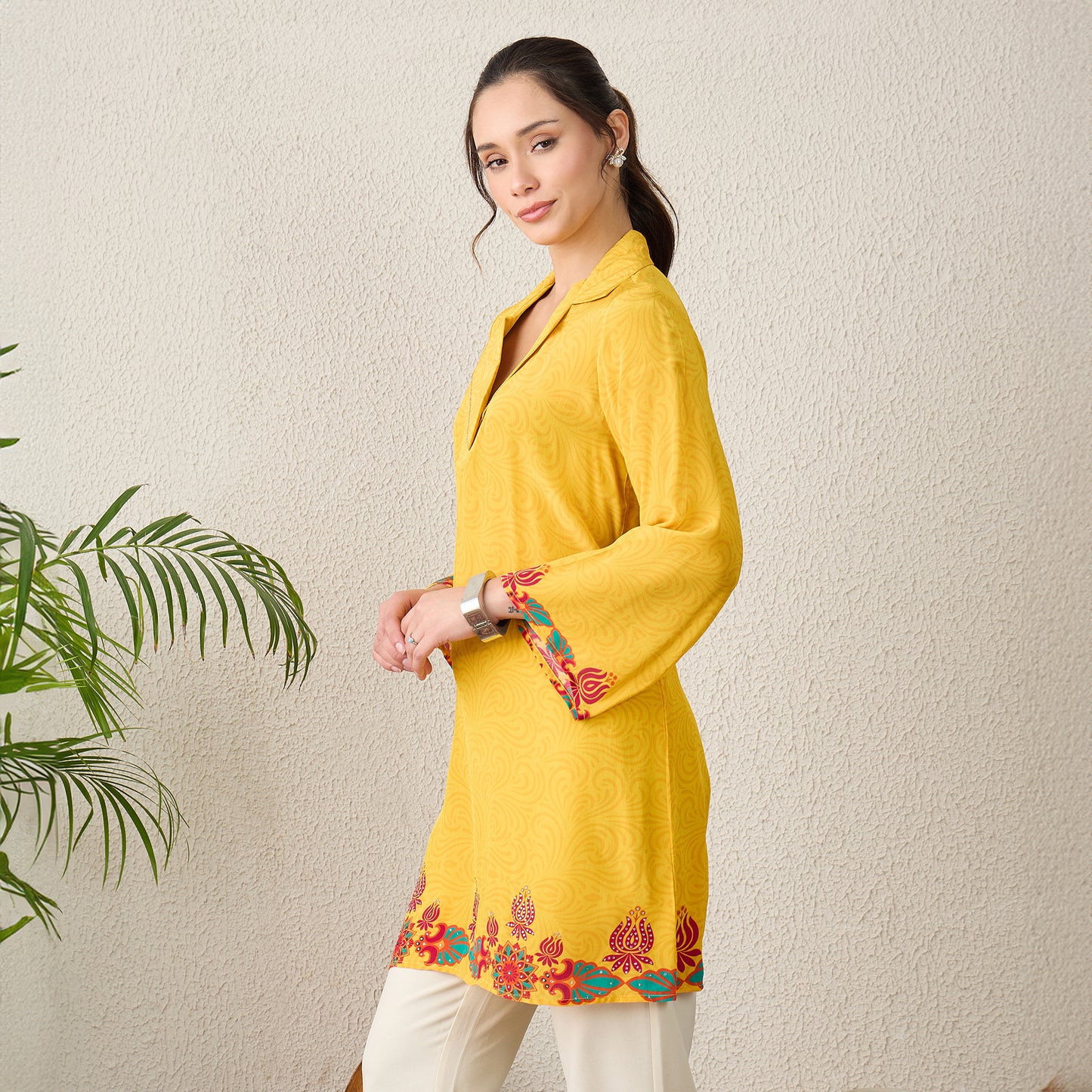 Yellow Mandala Print Embellished Top