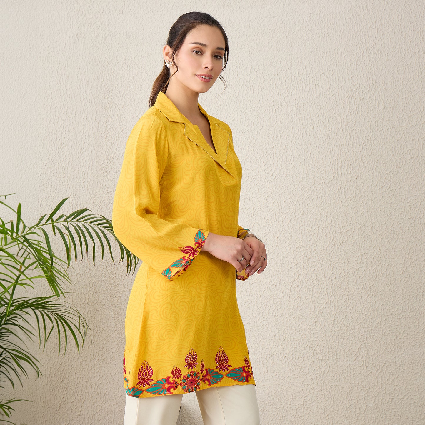 Yellow Mandala Print Embellished Top