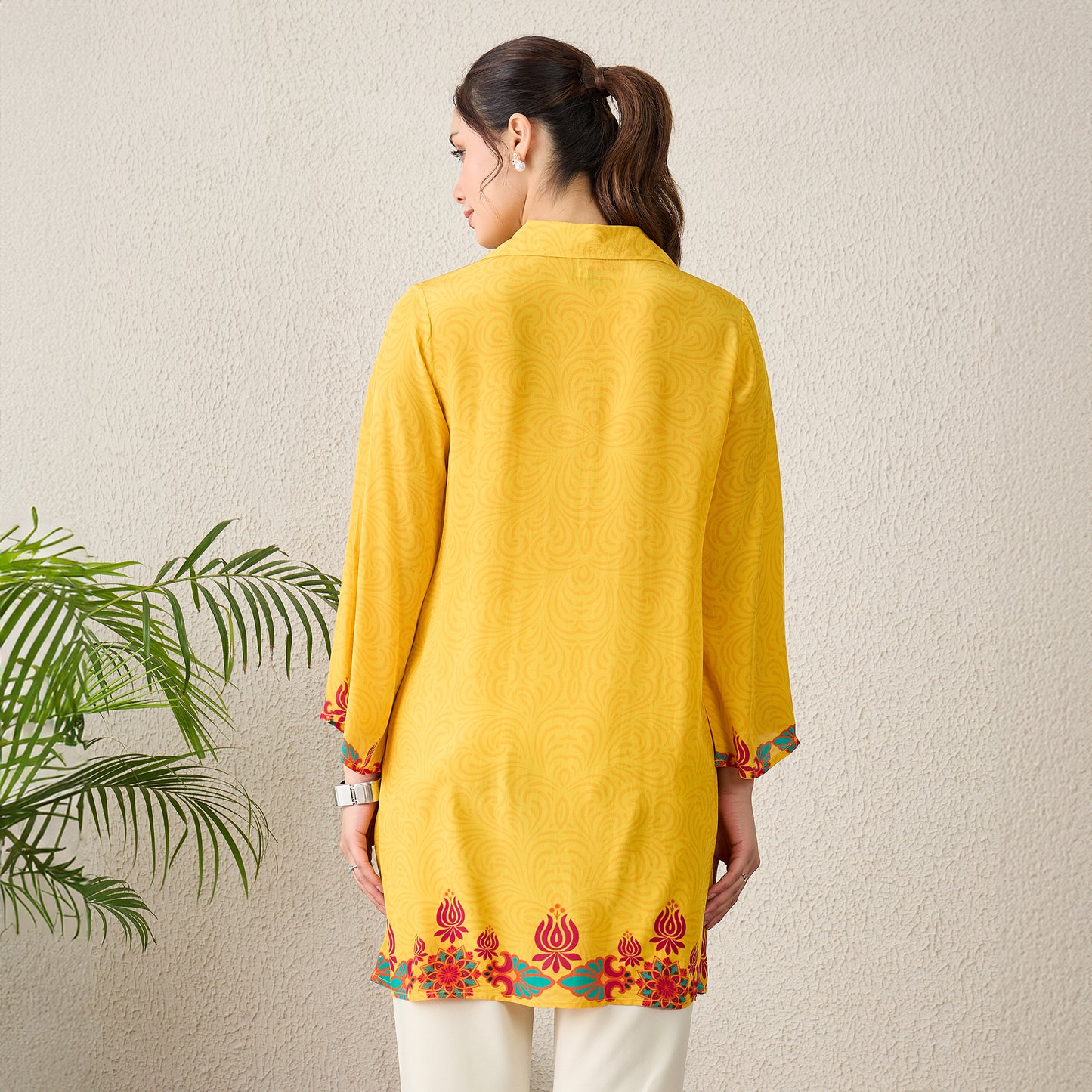 Yellow Mandala Print Embellished Top