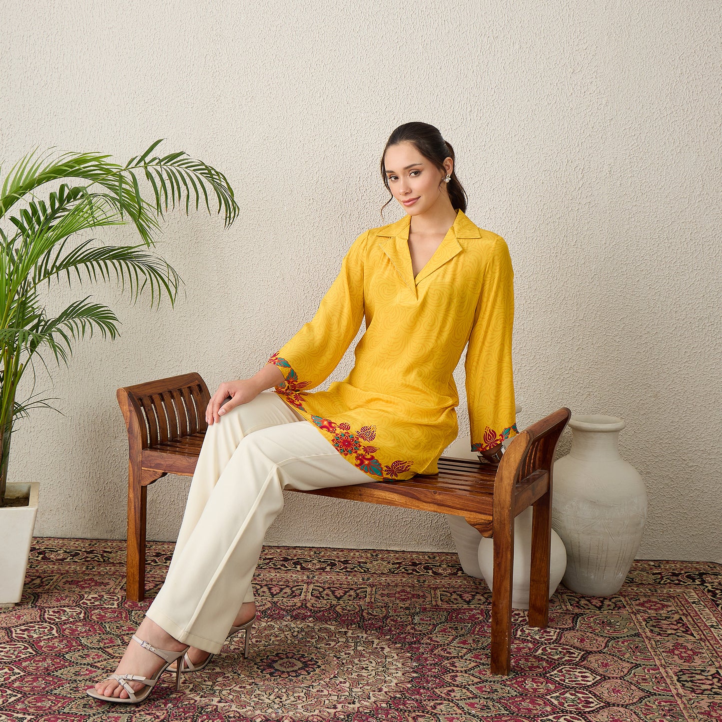 Yellow Mandala Print Embellished Top