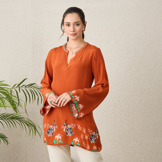 Brown Peacock Floral Printed Hand-Embroidered Top