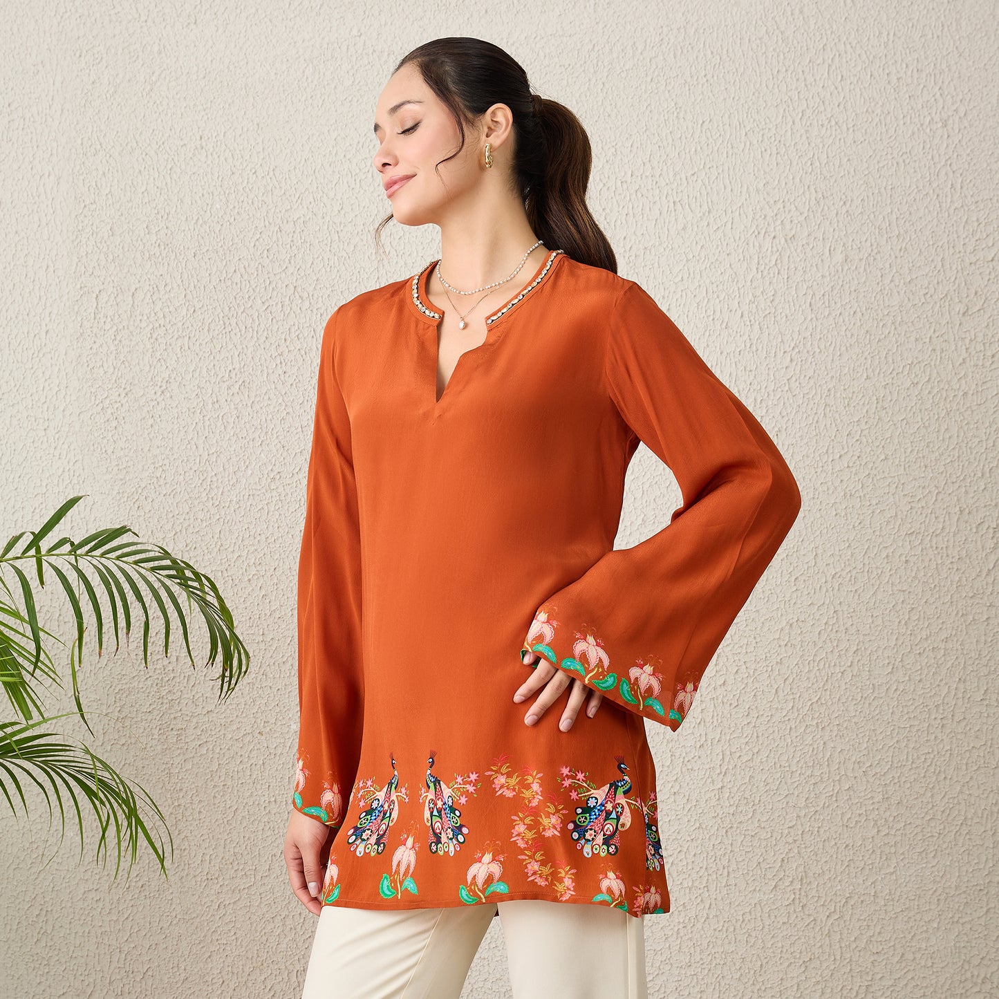 Brown Peacock Floral Printed Hand-Embroidered Top