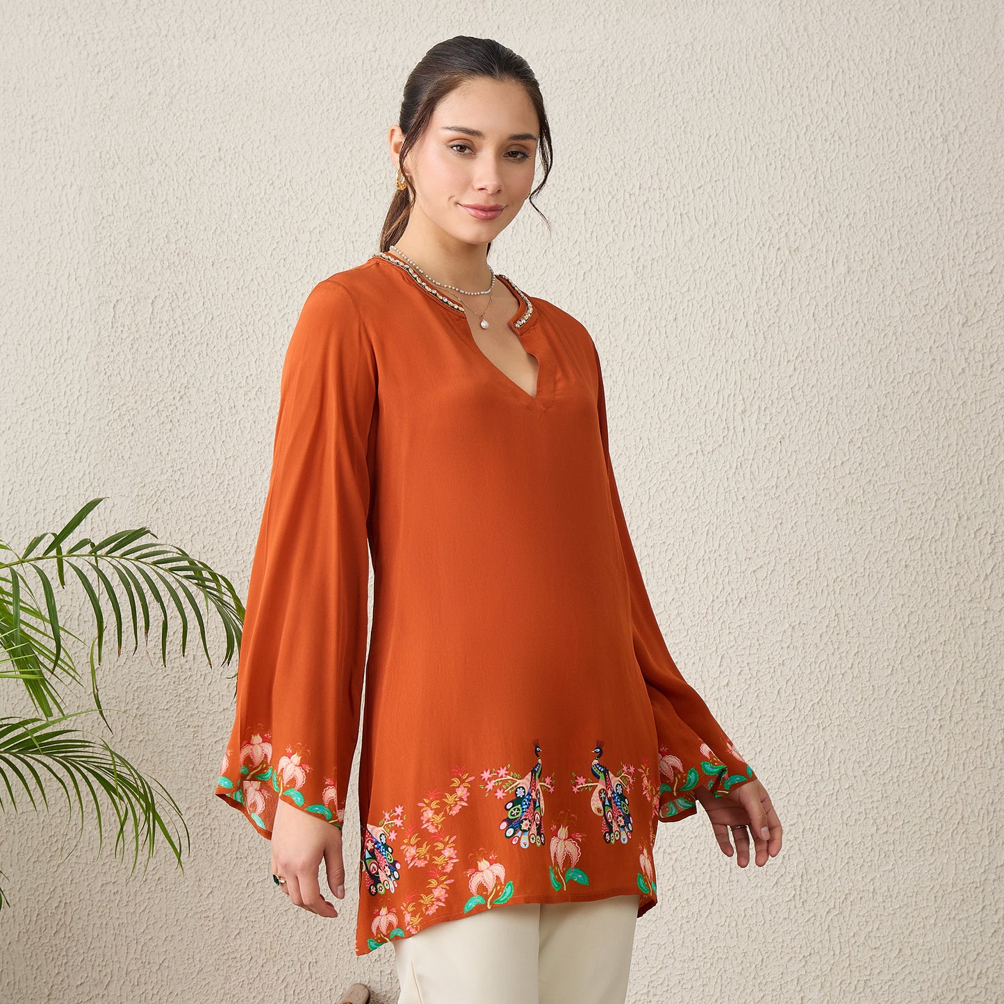 Brown Peacock Floral Printed Hand-Embroidered Top