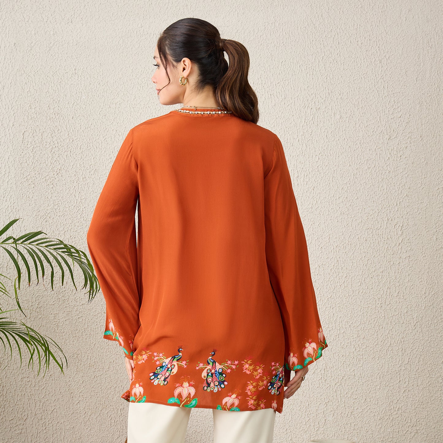 Brown Peacock Floral Printed Hand-Embroidered Top