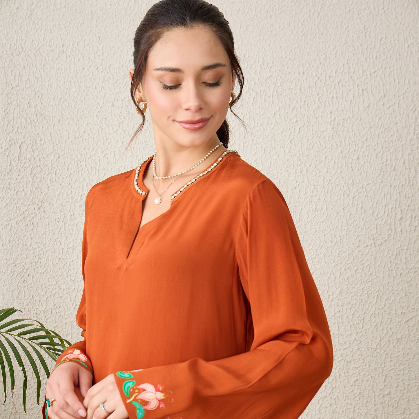 Brown Peacock Floral Printed Hand-Embroidered Top