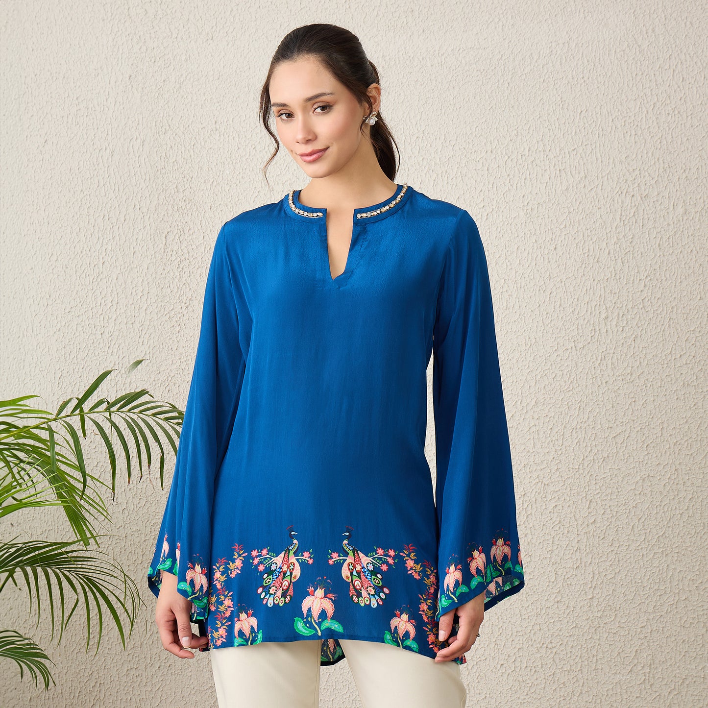 Prussian Blue Peacock Floral Printed Hand-Embroidered Top