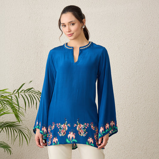 Prussian Blue Peacock Floral Printed Hand-Embroidered Top