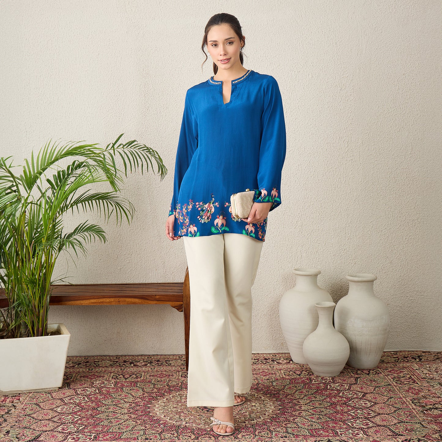 Prussian Blue Peacock Floral Printed Hand-Embroidered Top