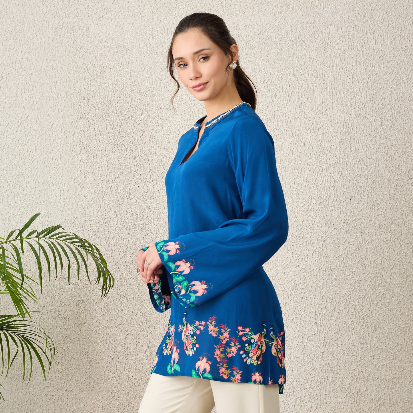 Prussian Blue Peacock Floral Printed Hand-Embroidered Top