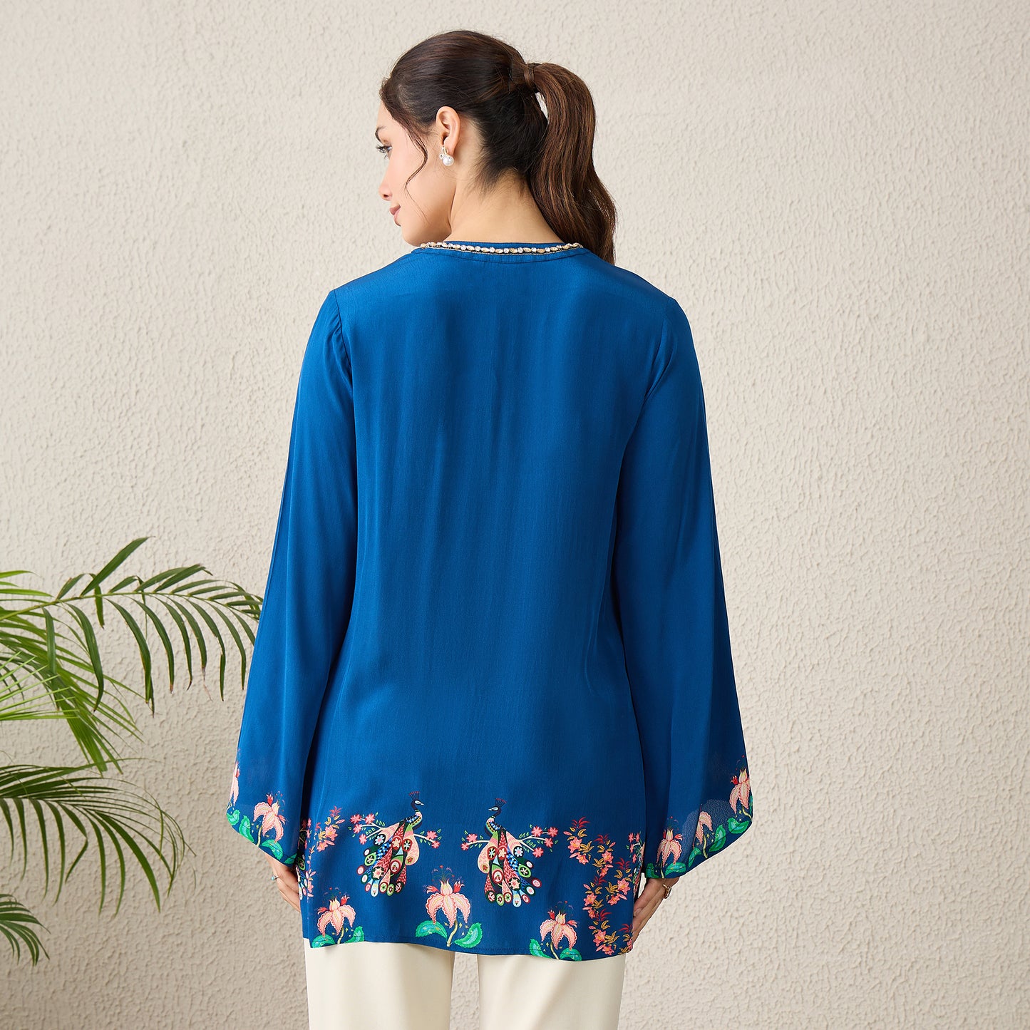 Prussian Blue Peacock Floral Printed Hand-Embroidered Top