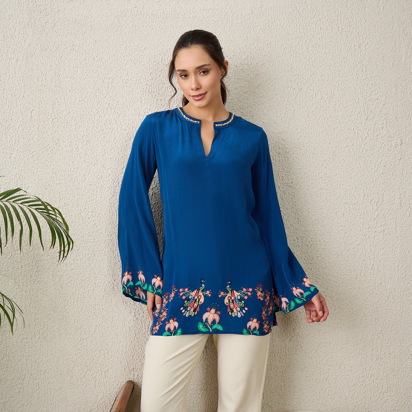 Prussian Blue Peacock Floral Printed Hand-Embroidered Top