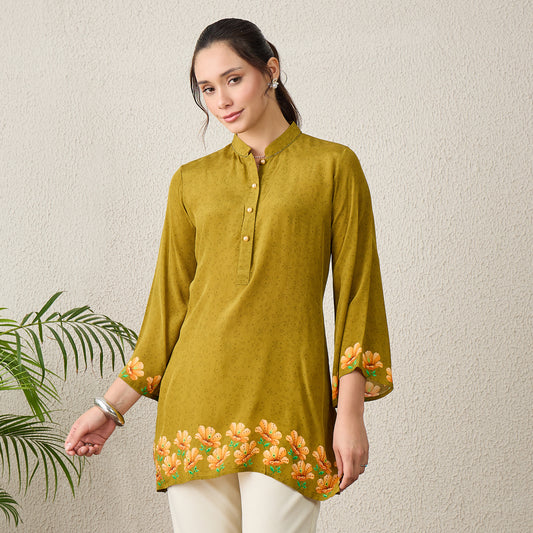 Olive Green Floral Printed Embellished Top