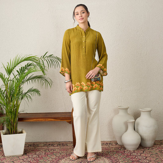 Olive Green Floral Printed Embellished Top