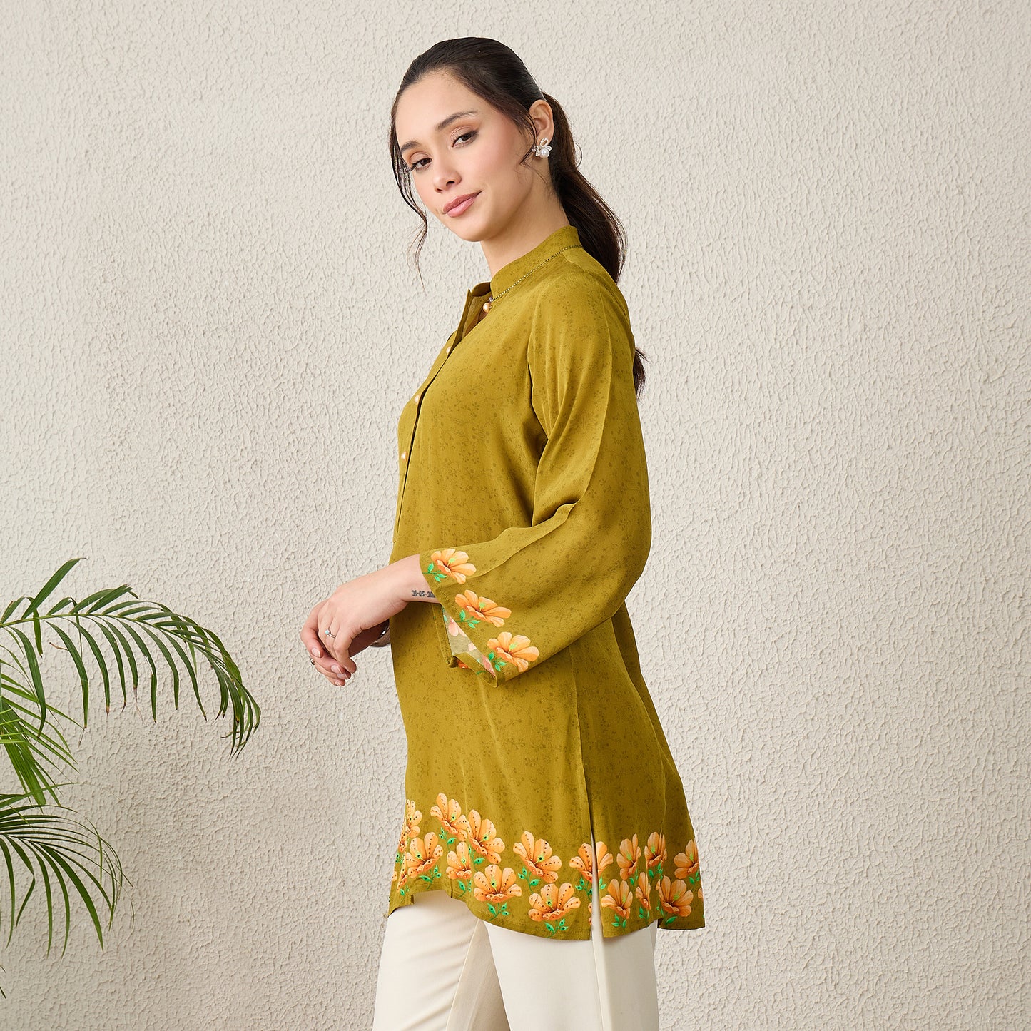 Olive Green Floral Printed Embellished Top