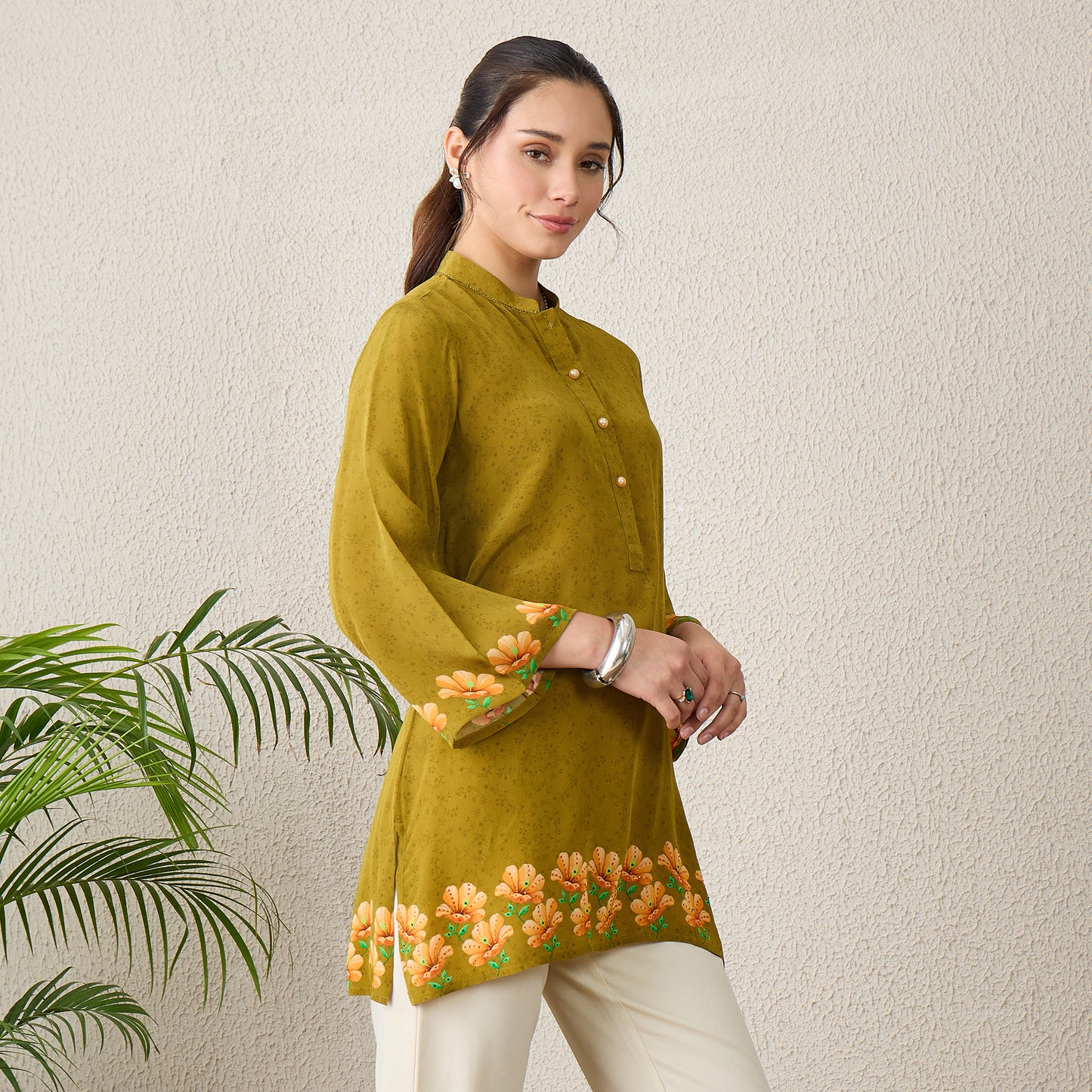 Olive Green Floral Printed Embellished Top