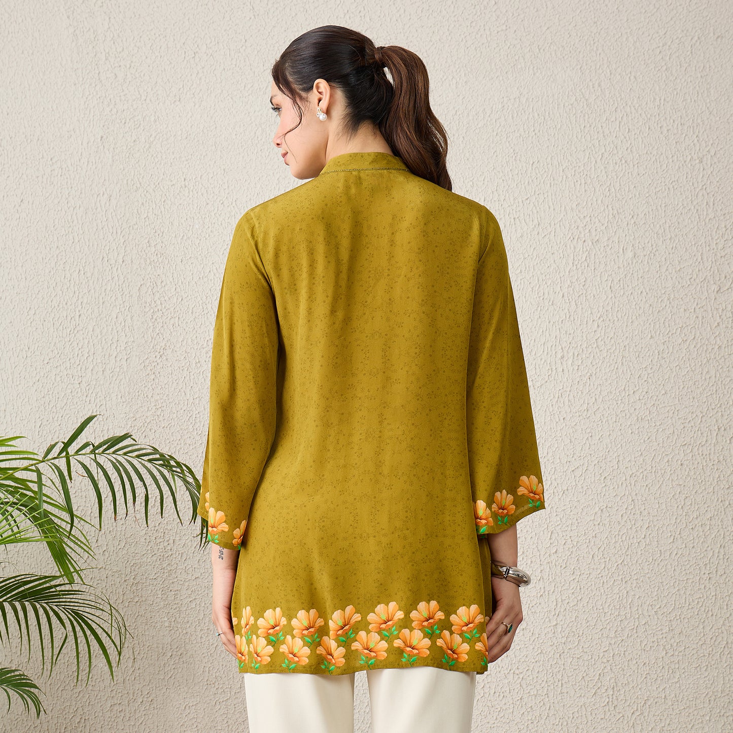 Olive Green Floral Printed Embellished Top