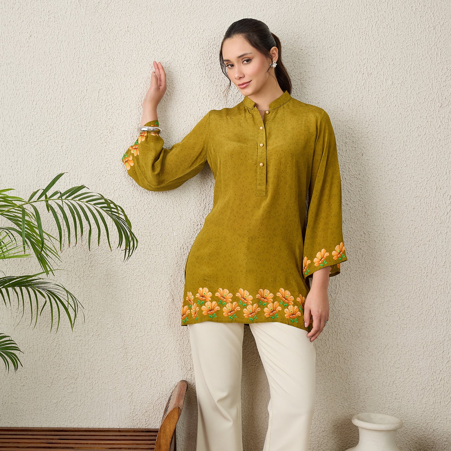 Olive Green Floral Printed Embellished Top