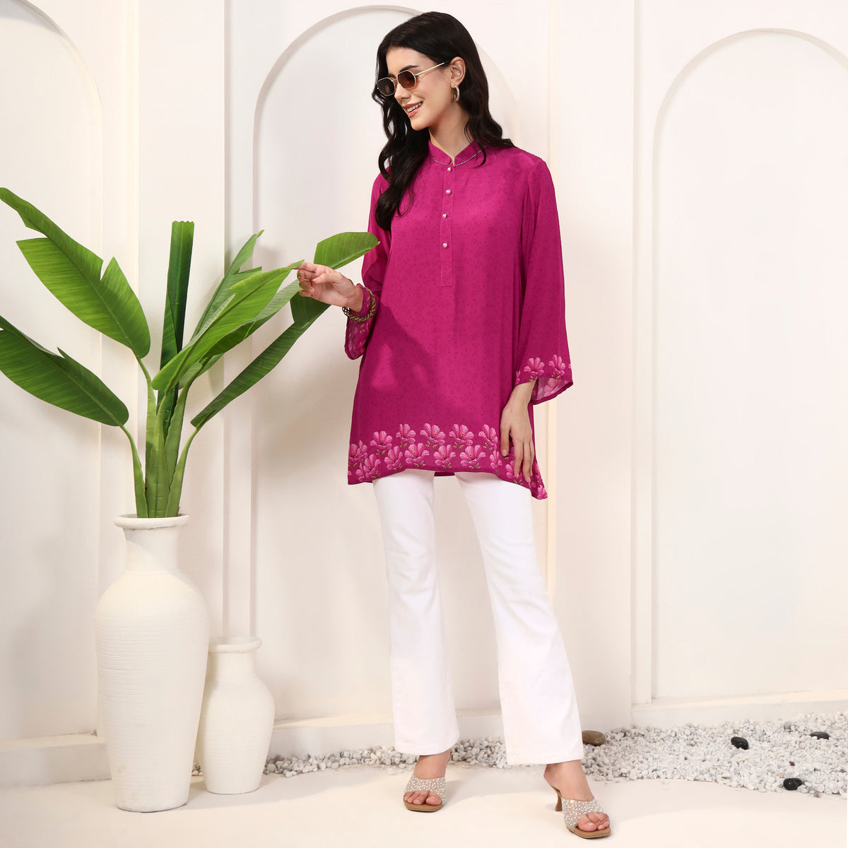 Pink Floral Print Top for Women – Viscose Crepe – Front View | First Resort by Ramola Bachchan