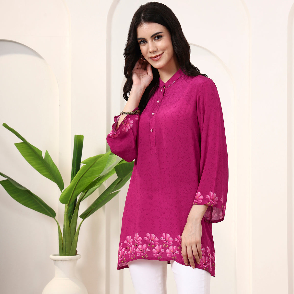 Pink Floral Print Top for Women – Viscose Crepe – Model View | First Resort by Ramola Bachchan