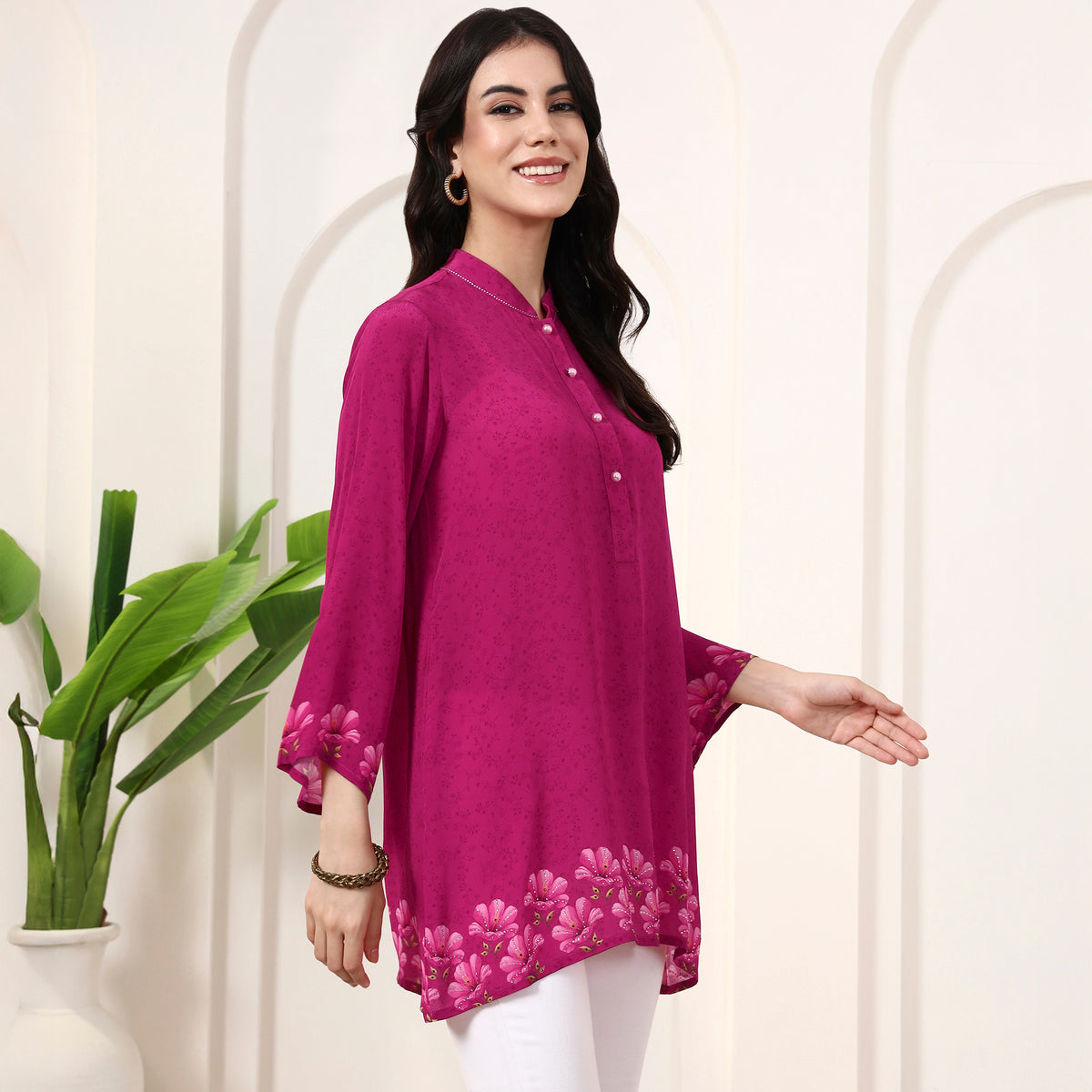 Pink Floral Print Top for Women – Viscose Crepe – Side View | First Resort by Ramola Bachchan
