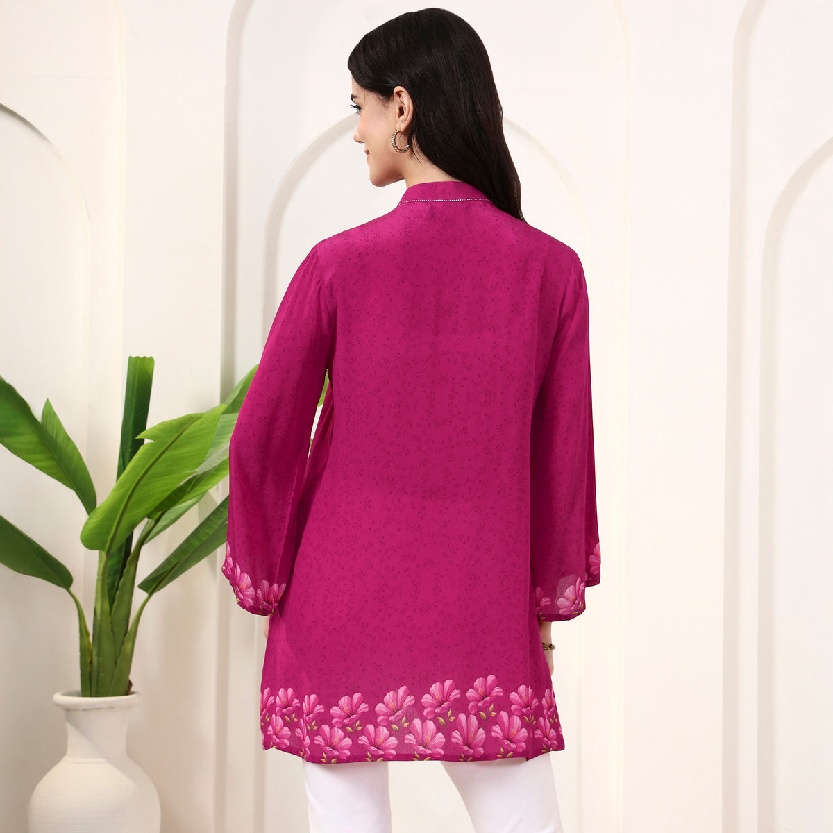 Pink Floral Print Top for Women – Viscose Crepe – Detail View | First Resort by Ramola Bachchan
