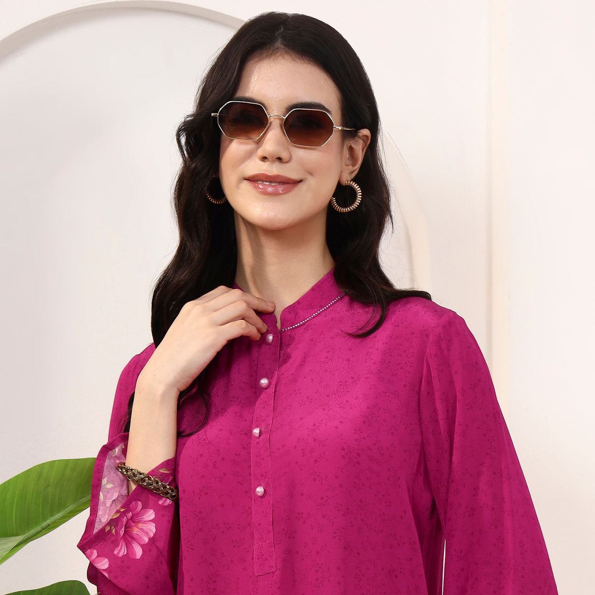 Pink Floral Print Top for Women – Viscose Crepe – Back View | First Resort by Ramola Bachchan