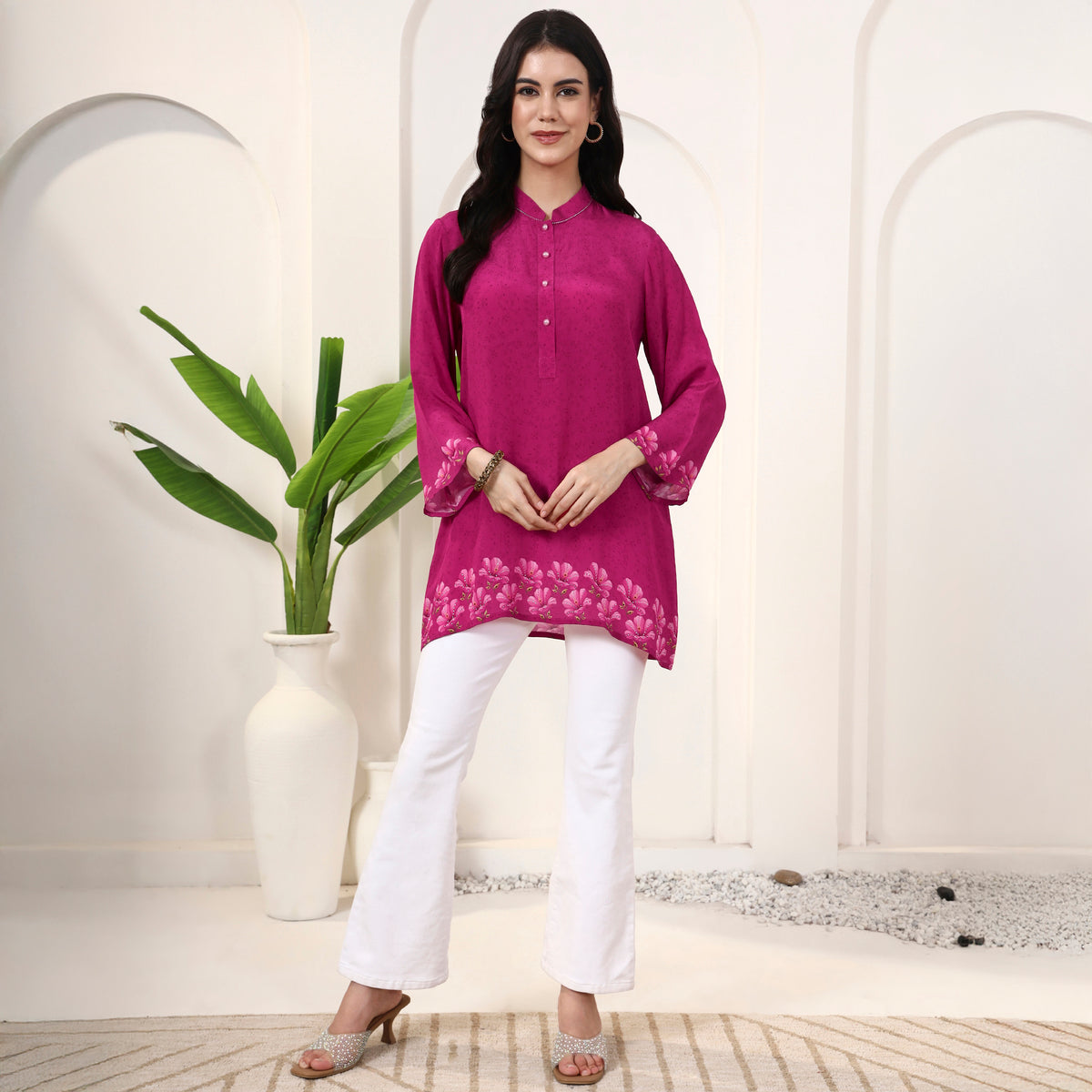 Pink Floral Print Top for Women – Viscose Crepe – Close Up | First Resort by Ramola Bachchan