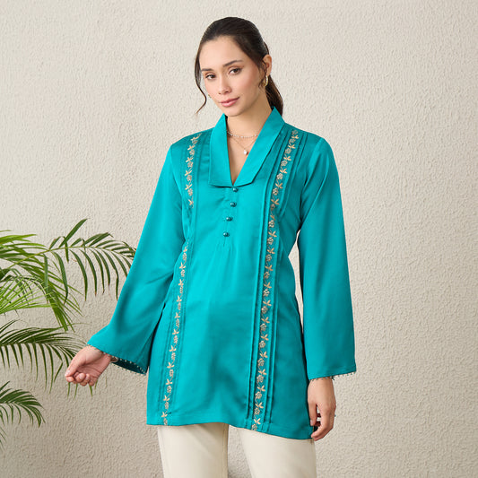 Teal Hand-Embroidered Space-Tucks Top