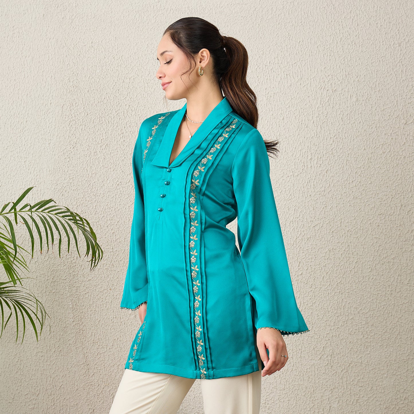 Teal Hand-Embroidered Space-Tucks Top