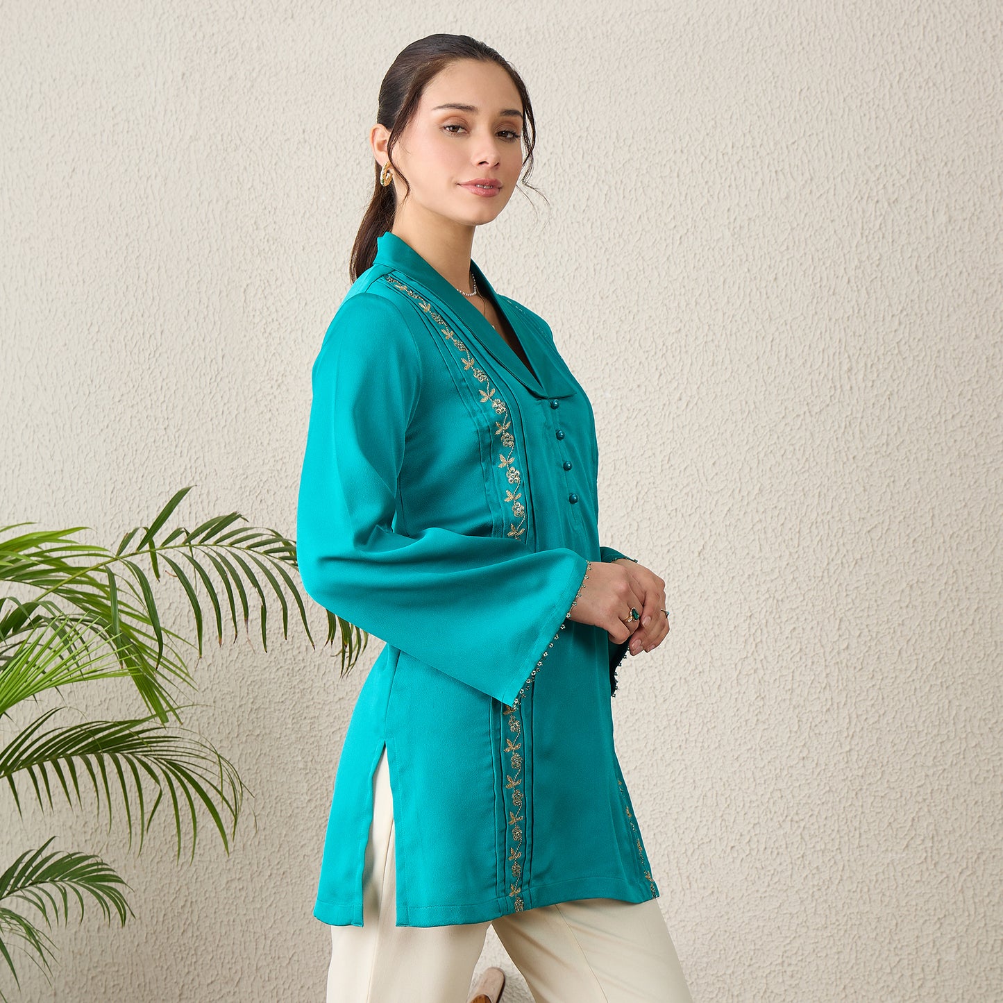 Teal Hand-Embroidered Space-Tucks Top