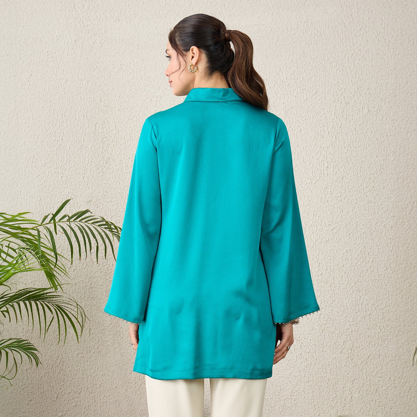 Teal Hand-Embroidered Space-Tucks Top