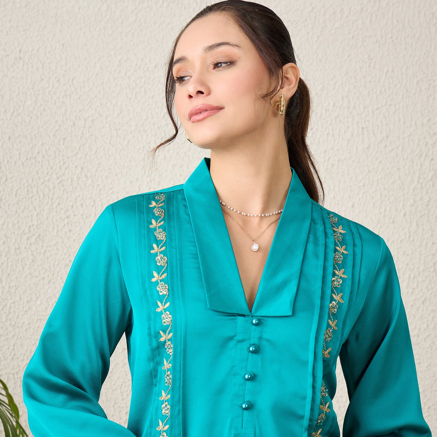 Teal Hand-Embroidered Space-Tucks Top
