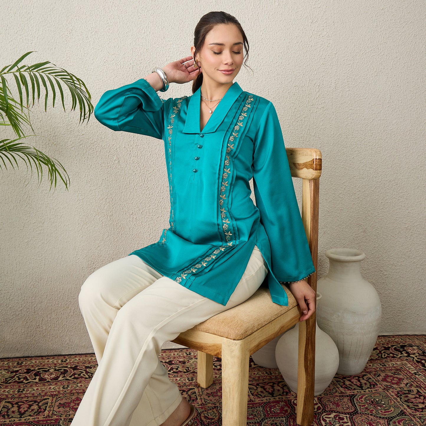 Teal Hand-Embroidered Space-Tucks Top