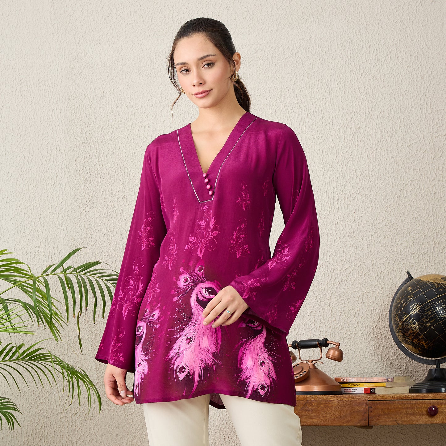 Magenta Monochrome Peacock Printed Top