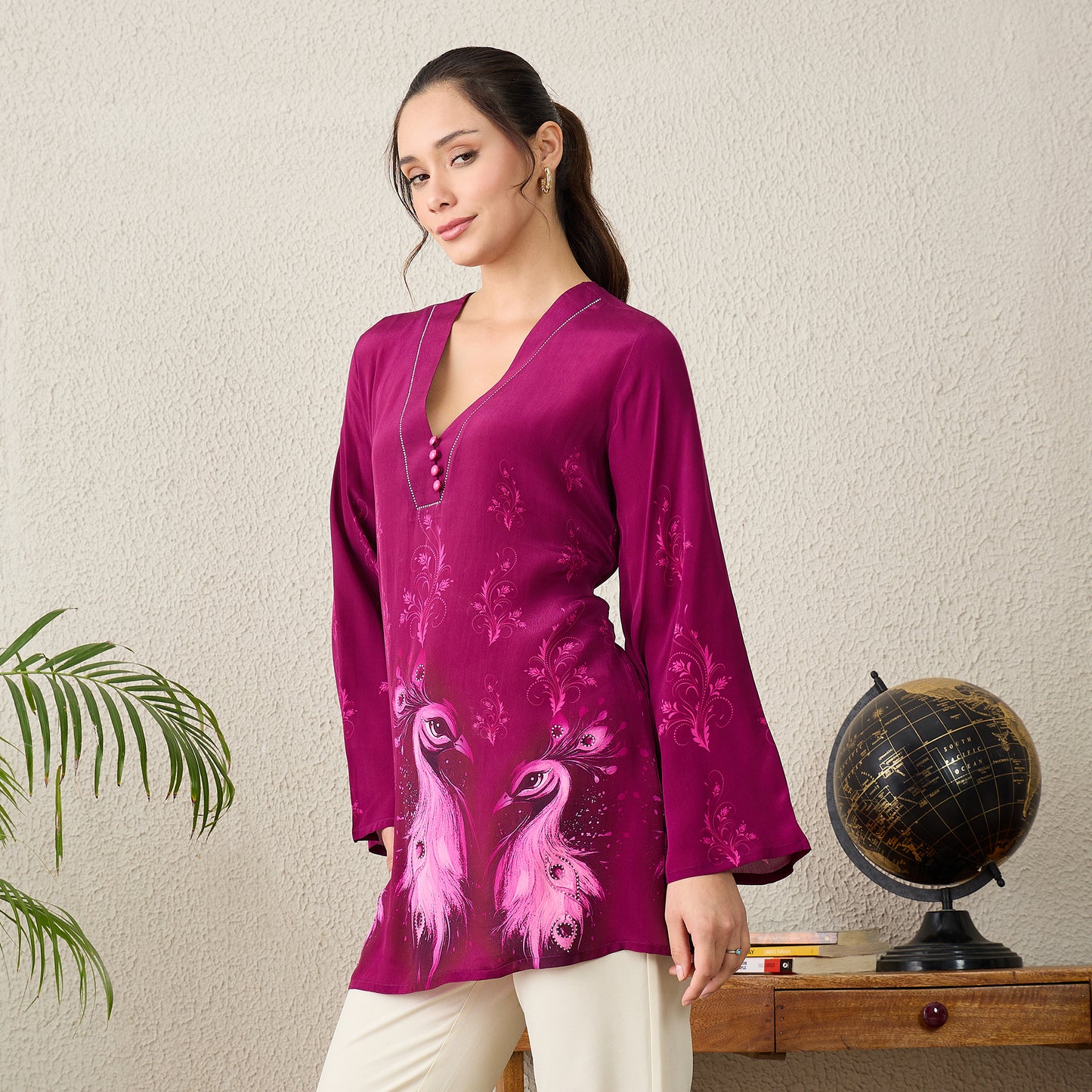 Magenta Monochrome Peacock Printed Top