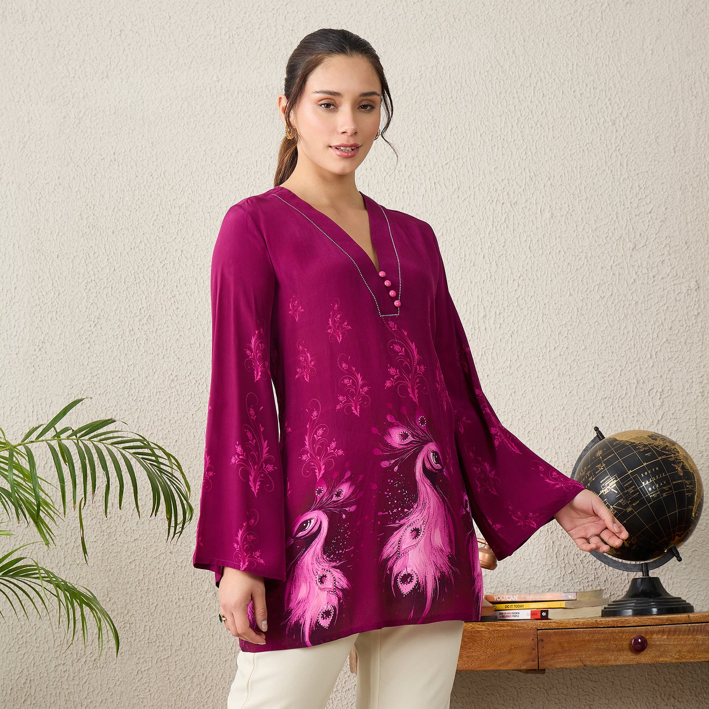 Magenta Monochrome Peacock Printed Top