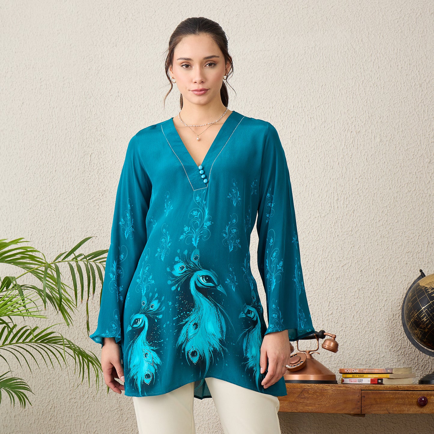 Teal Monochrome Peacock Printed Top