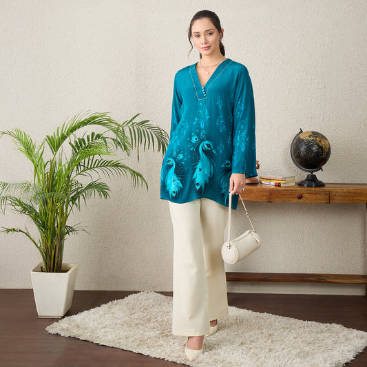Teal Monochrome Peacock Printed Top
