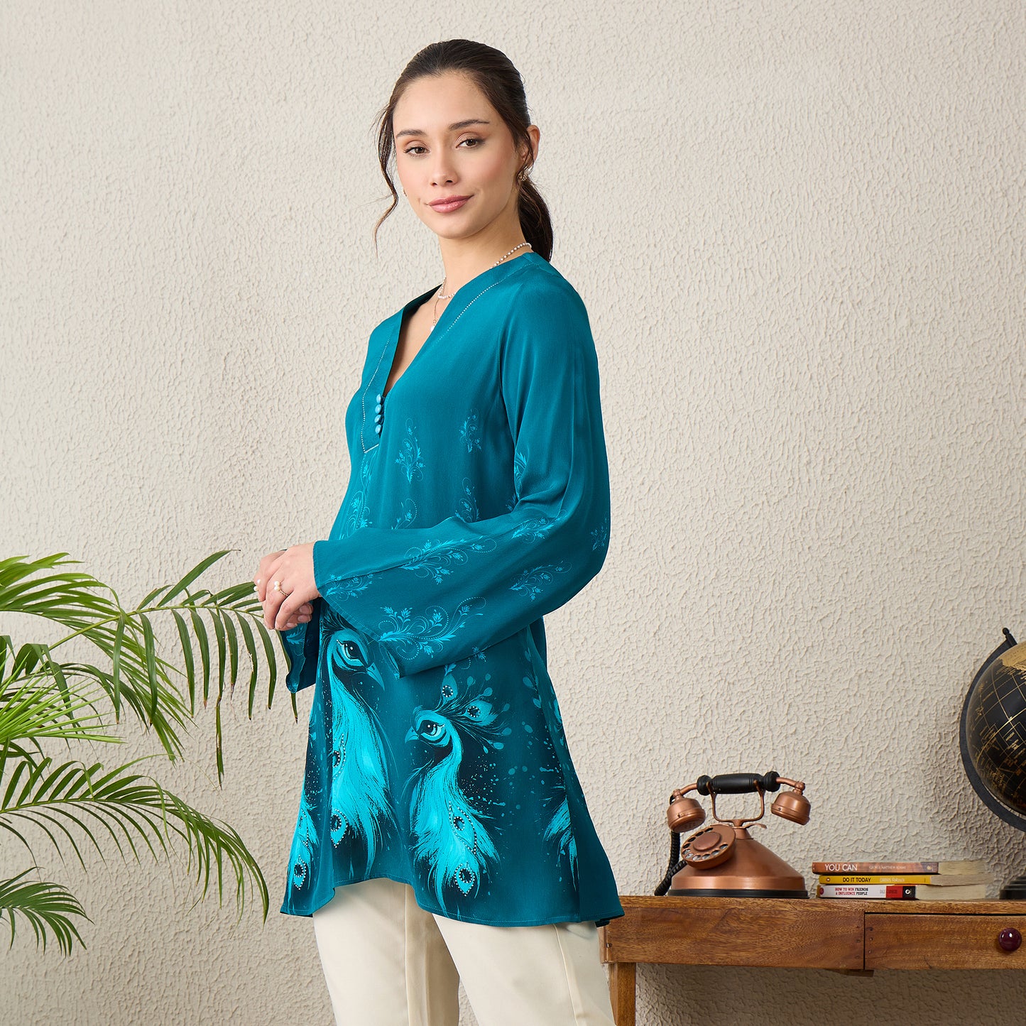 Teal Monochrome Peacock Printed Top
