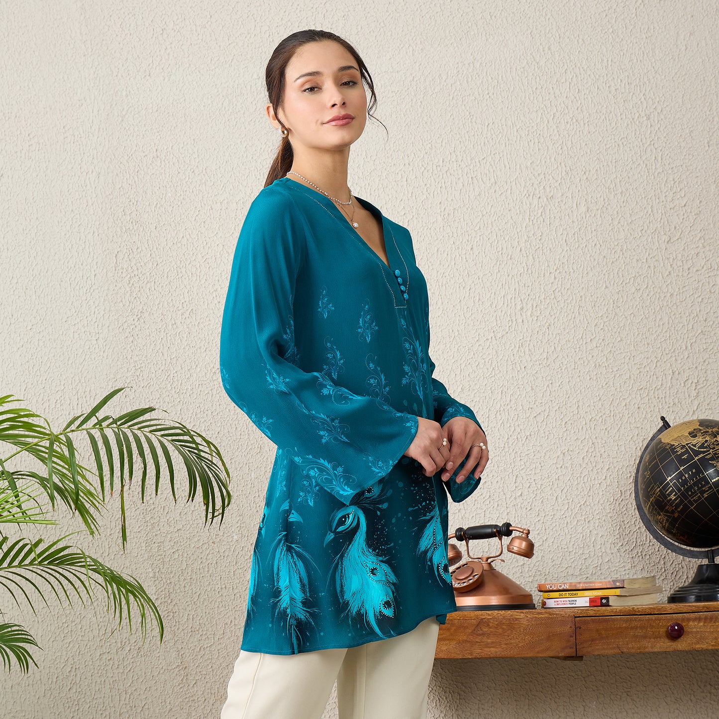 Teal Monochrome Peacock Printed Top